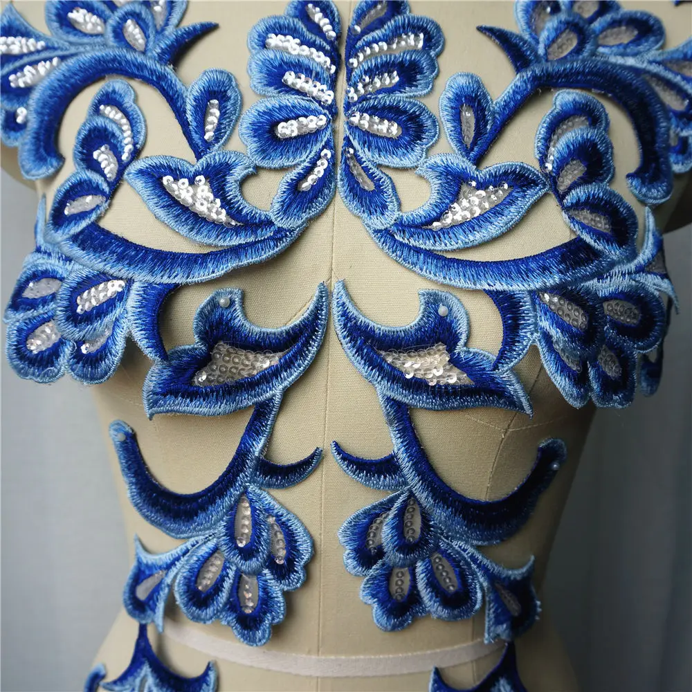 1 Set 4PCS Blue Embroidered Appliques Sequin Lace Fabric Baroque Gown Collar Sew On Patches For Wedding Decoration Dress DIY