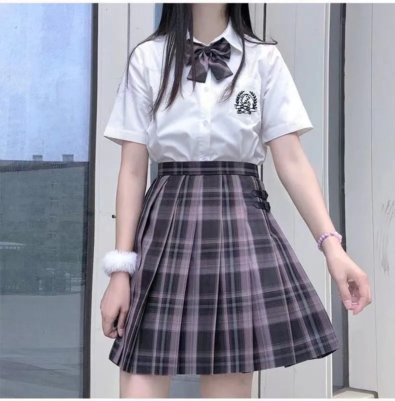 High Quality JK Uniforms Student Girl\'s Summer Short Sleeve High Waist Pleated Purple Plaid Mini Skirt Women Dress Schoo Uniform