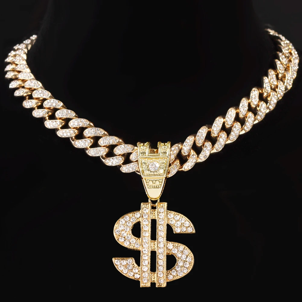 Bling Rhinestone Dollar Pendant Necklace For Men Silver Color Iced out 13mm Cuban Chain Choker Necklaces Hiphop Rap Rock Jewelry