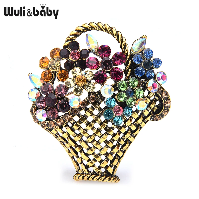 Wuli&baby Rhinestone Flower Basket Brooches Women Beauty Sparkling Flower Weddings Party Causal Brooch Pins Gifts