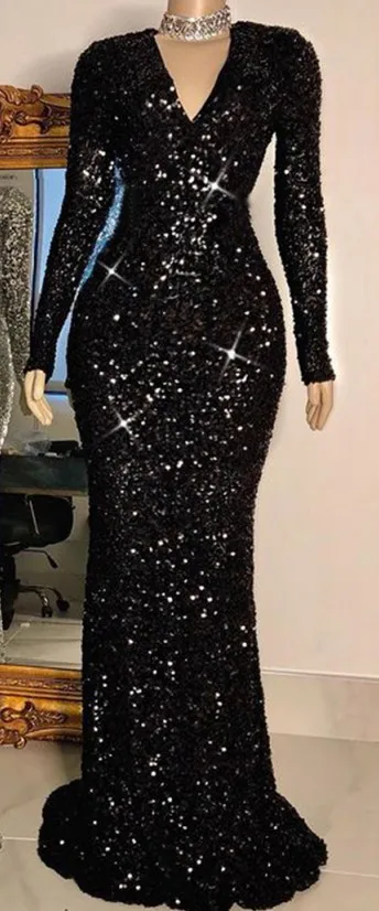 Robe De bal Style sirène noire à paillettes, col en v, manches longues, pour femmes africaines, robes De soirée, 2021