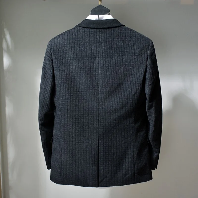 

Casual Business Slim Blazer Men Autumn Winter New Wool Blends Single Button Coat Brand Plaid Black Long Sleeve Suit Jacket