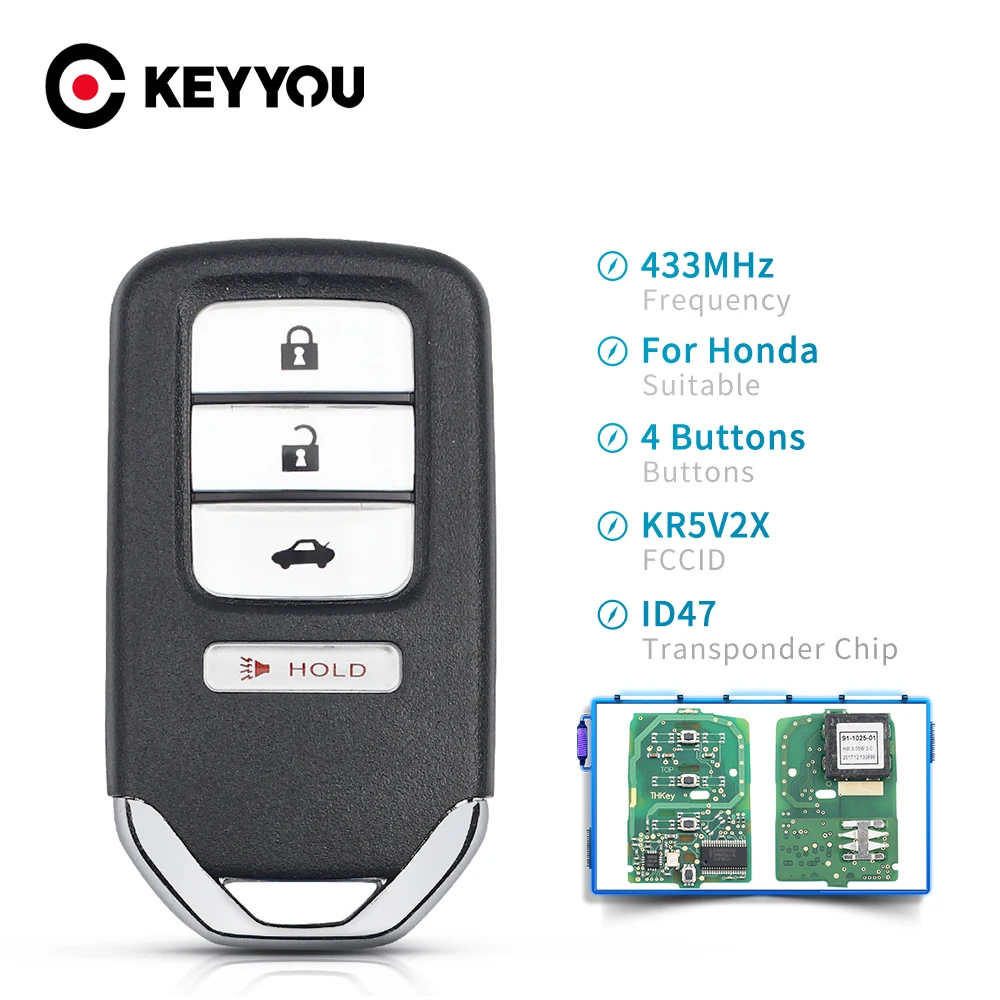 

KEYYOU Replacement Remote Car Key For Honda Civic Accord 2013-2016 FCC ID: KR5V2X 433MHz 3+1 4 Buttons ID47 Chip