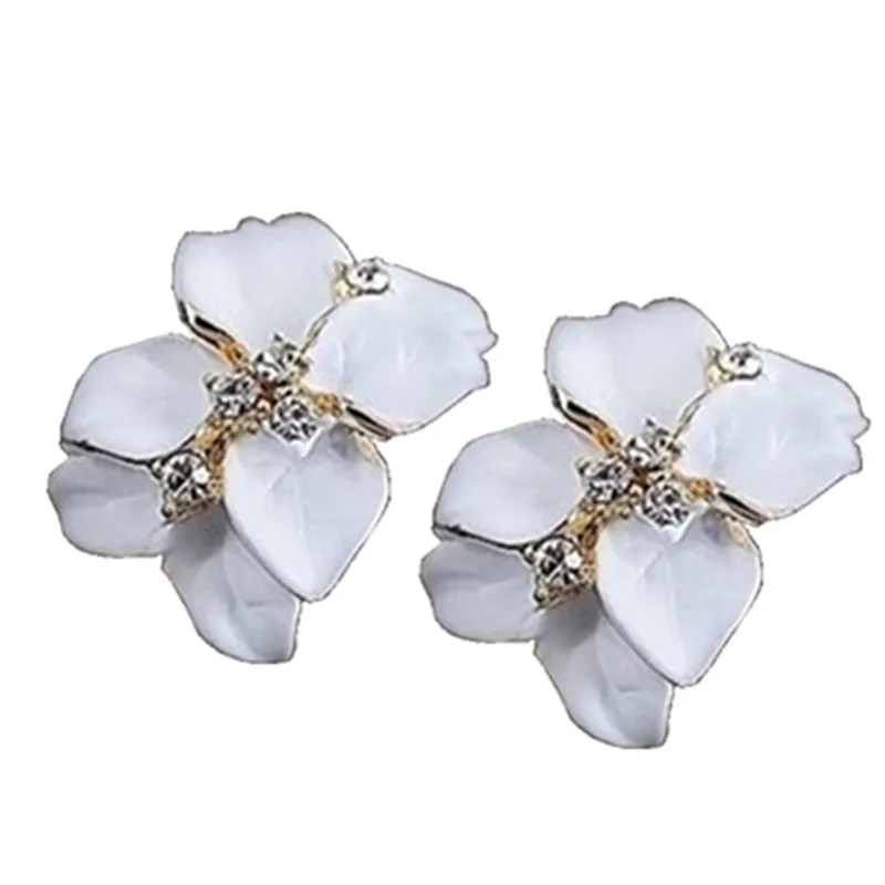 Crystal Gardenia Earrings Bridal Womens New Fashion Jewelry Gold Color Enamel Austrian Crystal Flower Bijoux Stud Earrings For