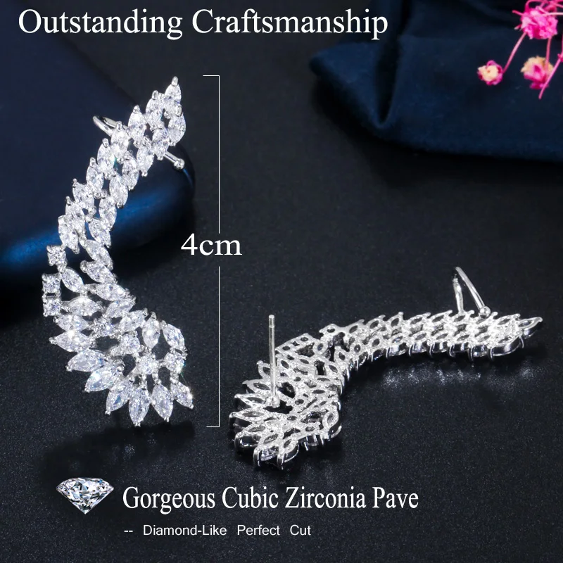 CWWZircons New Arrival Luxury Ear Cuff Shiny Cubic Zirconia Fashion Wings Clamp Climber Clip on Earrings Jewelry for Women CZ368