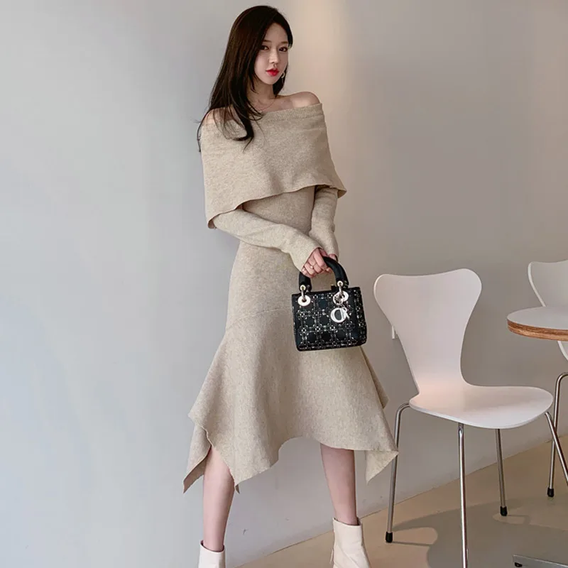 JSXDHK Women Fashion Slash Neck Midi Knitting Dress New Korean Autumn Winter Ruffles Off Shoulder Sexy Bodycon Sweater Dresses