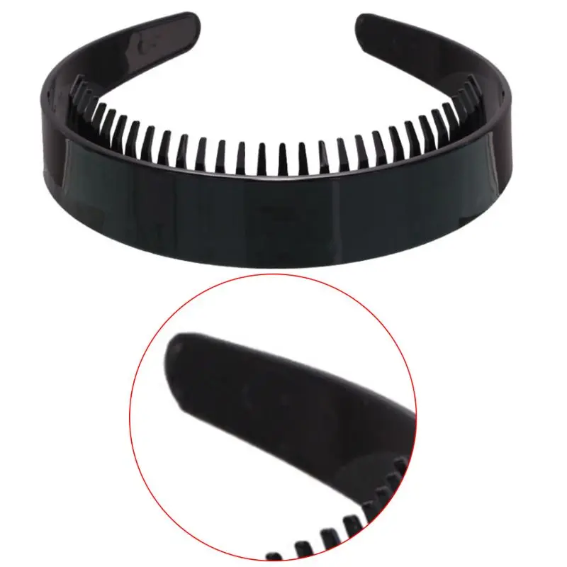 Women Girls 2.5cm Wide Plain Headband with Non-Slip Teeth Comb Shiny Black Plastic Hair Hoop DIY Styling Makeup Headwear