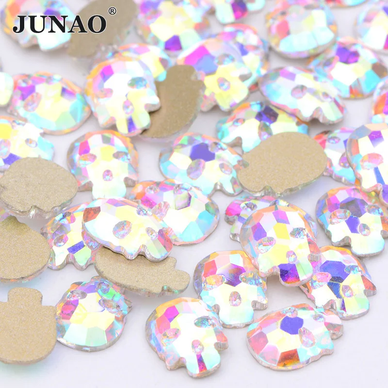 JUNAO 50pc 6X8mm Skull Glass AB Rhinestone Flat Back Glass Stones Nail Crystal Sticker Non Hotfix Diamond Strass