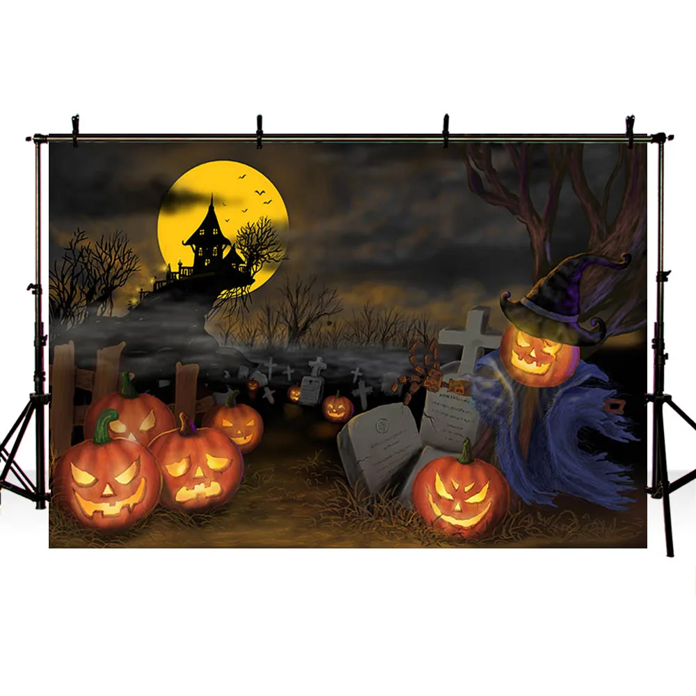 Avezano Halloween Night Castle Cemetery Pumpkin Lantern Cloudy Sky Moon Backdrop Photography Background For Photo Studio Shoot