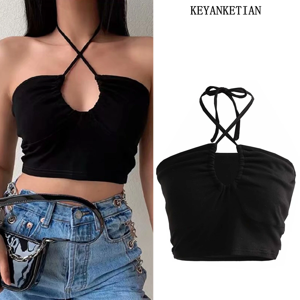 KEYANKETIAN Ladies Fashion Slim Black Halter Camisole Sexy Sleeveless Short Top Women's Summer New Style