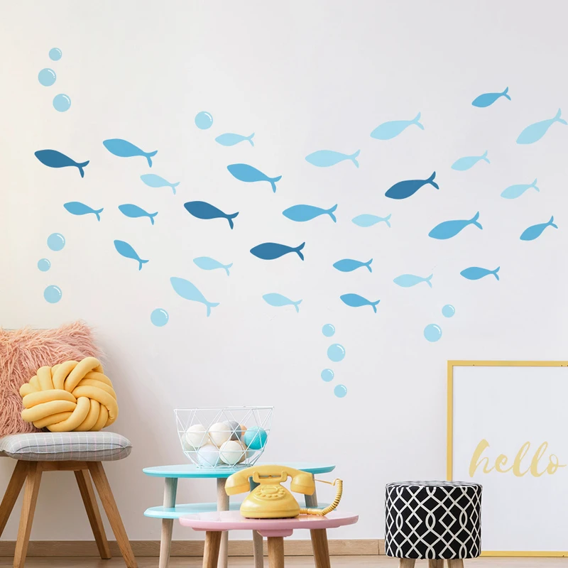 Blue Fish Vinyl Wall sticker Baby Kids Room Bathroom DIY Stickers Ocean Fish Scene Nursery Decoration Wal Decor