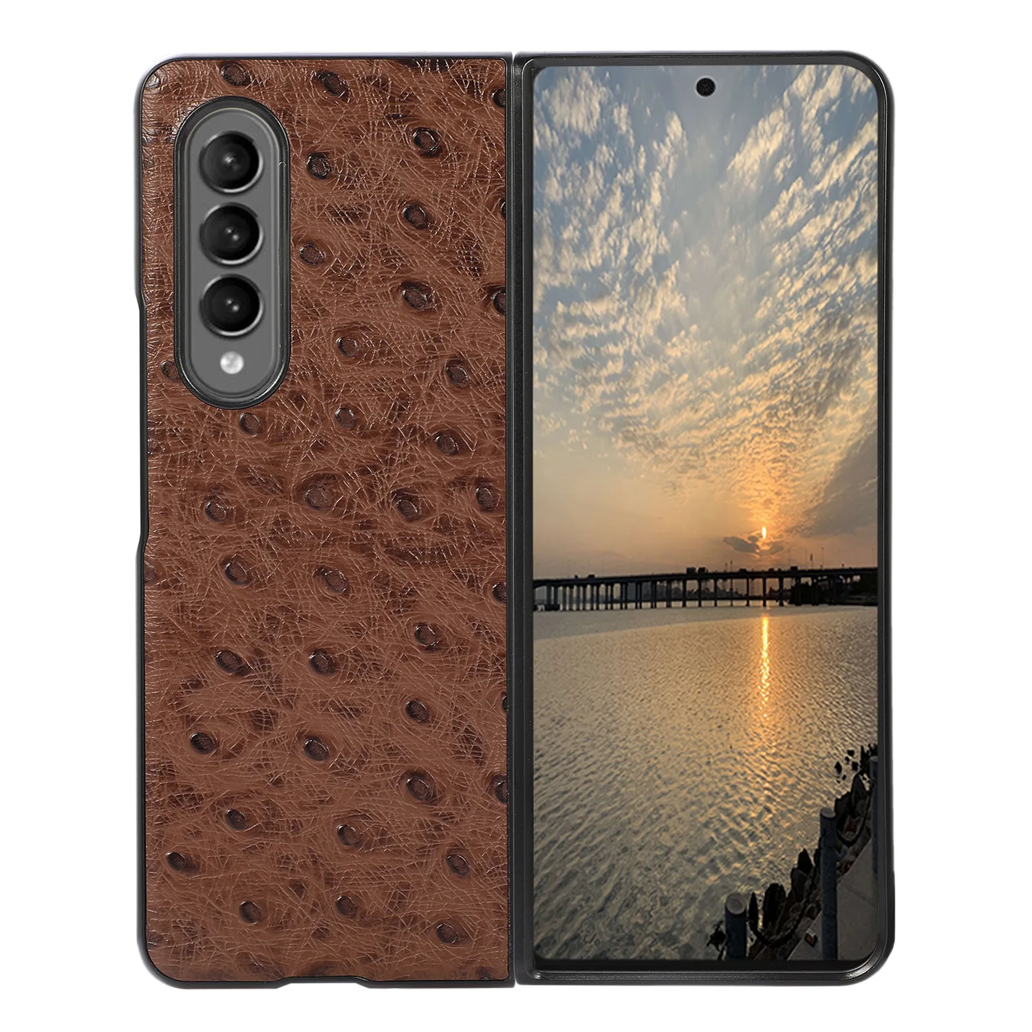 

2 in 1 Genuine Cowhide Leather Retro Case For Samsung Galaxy Z Fold 4 3 2 Luxury Vintage 3D Ostrich Skin Texture Business Cover