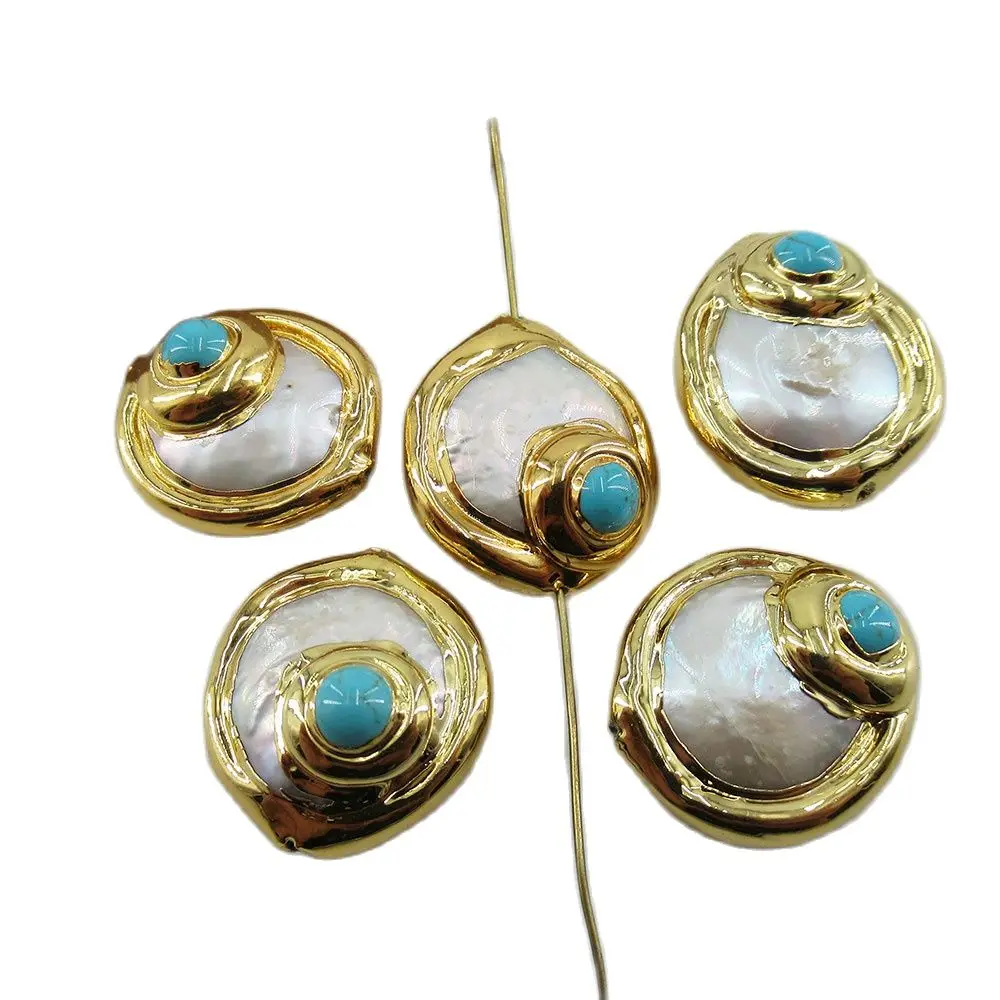 APDGG Wholesale 10 PCS Cultured White Coin Pearl Beads Trimmed With Blue Turquoise Metal Bezel Jewelry Findings Loose Beads