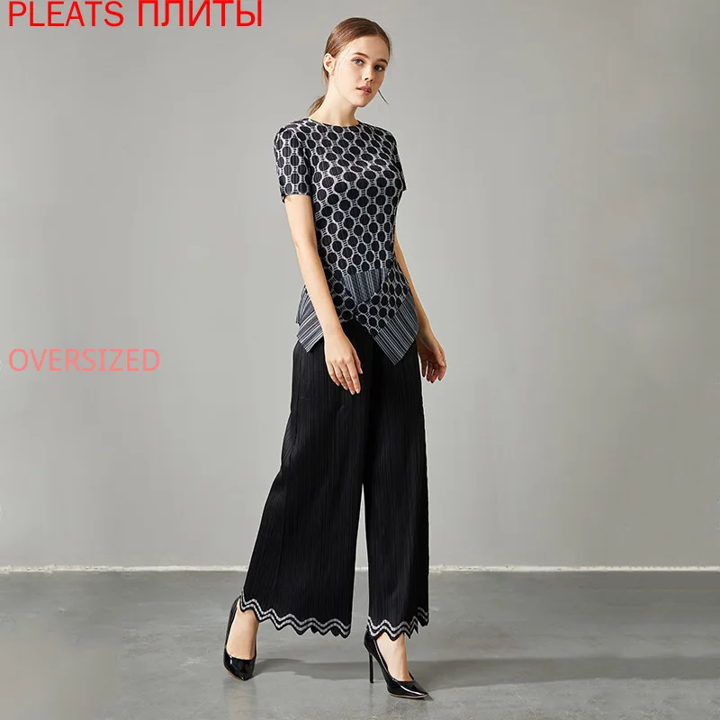 MIYAKEpleats Two-Piece Set, Chiffon Sweater, Wide-Leg Trouser Suit, Slimming Western Style, Fashion Commuter, Drop Sense, New