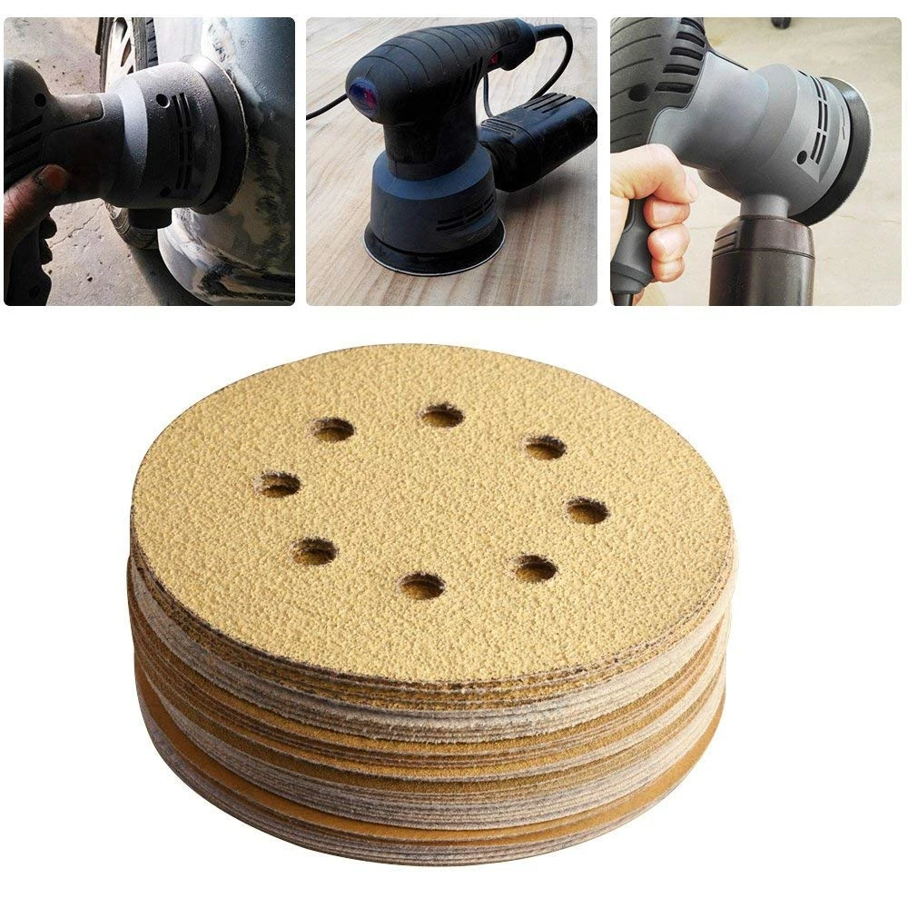 POLIWELL 10PCS 5 Inch 8 Hole Sandpaper 125mm 60~1000 Grit Yellow Sanding Paper Sanding Discs for Hook and Loop Festool Sander