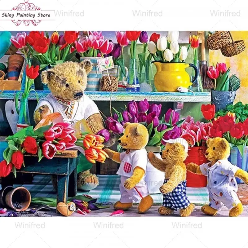 

Diamond Embroidery Cartoon Teddy Bear Flower Shop Scenery 5D DIY Diamond Painting Full Rhinestone Drill Cross Stitch Home Decor