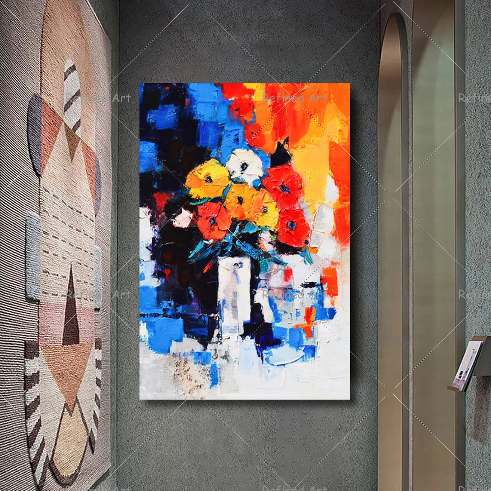 

Hand-Painted Canvas Oil Painting Living Room Decoration Nordic Pastoral Abstract Still Life Flower Home Wall Dining Hall Mural