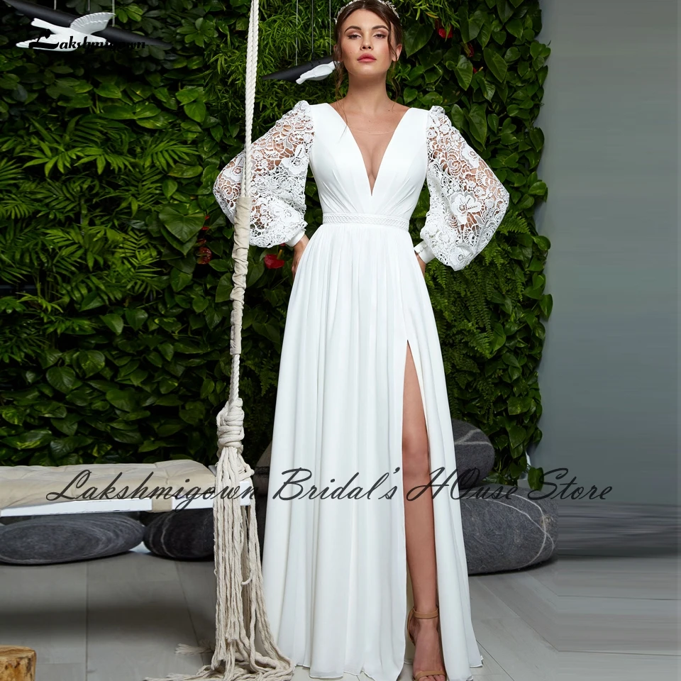 

Plus Size Long Sleeve Boho Wedding Dresses 2022 Robe A Line Chiffon Bridal Receipt V neck Wedding Gown Lace Up Back Floor Length