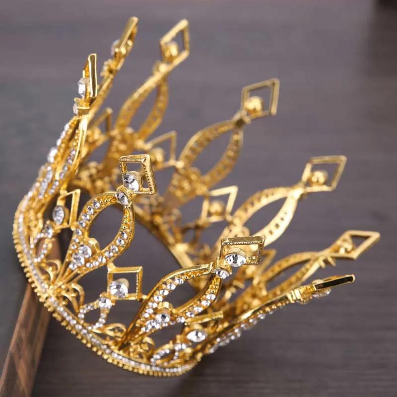 Baroque Golden Crown King Queen Circle Crystal Hair Ornaments Birthday Wedding Jewelry Hair Accessories Tiara Party ML