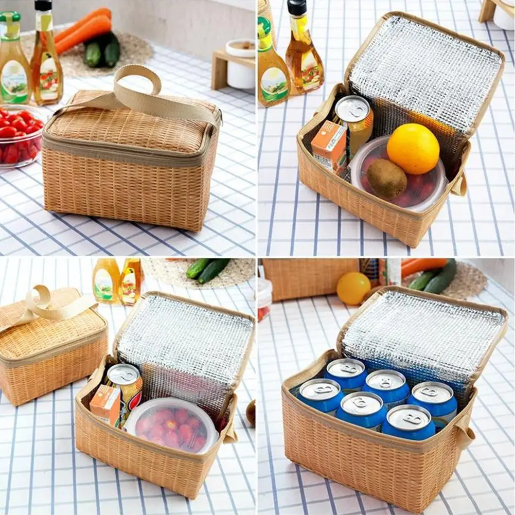 Wicker Rattan Picnic Bag Outdoor Portable Waterproof Bag Insulated Thermal Cooler Food Container Tableware Camping Picnic Basket