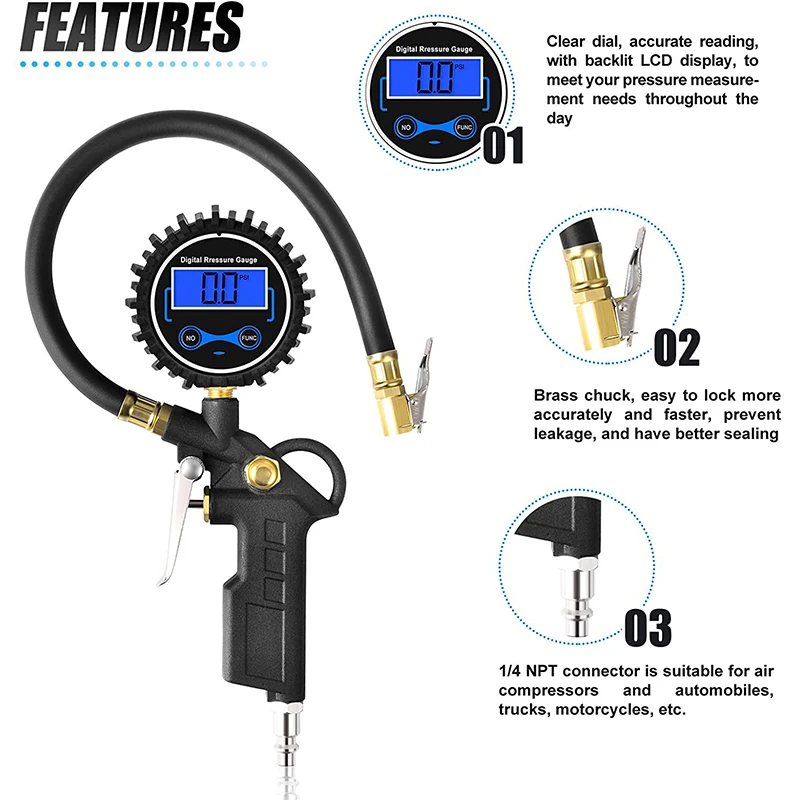 Digital Tire Inflator with Pressure Gauge 200 PSI Air Chuck and Compressor Accessories European Style Quick Connect Coupler