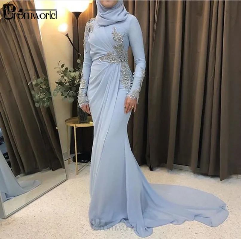 Lichtblauw Moslim Hijab Avondjurken Lange Mouwen 2021 Bloemen Kant Chiffon Islamitische Dubai Arabisch Mermaid Formele Prom