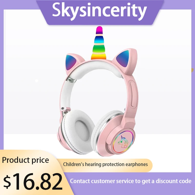 Flash LED Kid Girl Music Wireless Helmet Earphone Cute Cat Ear Bluetooth Headphone Unicorn Cartoon Gamer Headset Gift With Mic