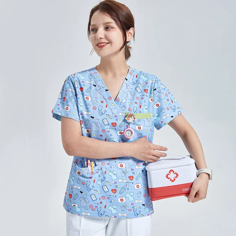 Medyczny damski nadruk Scrub Top 3-kieszeniowa peeling do karmienia jednolita antystatyczna tunika mundury pielęgniarki H738