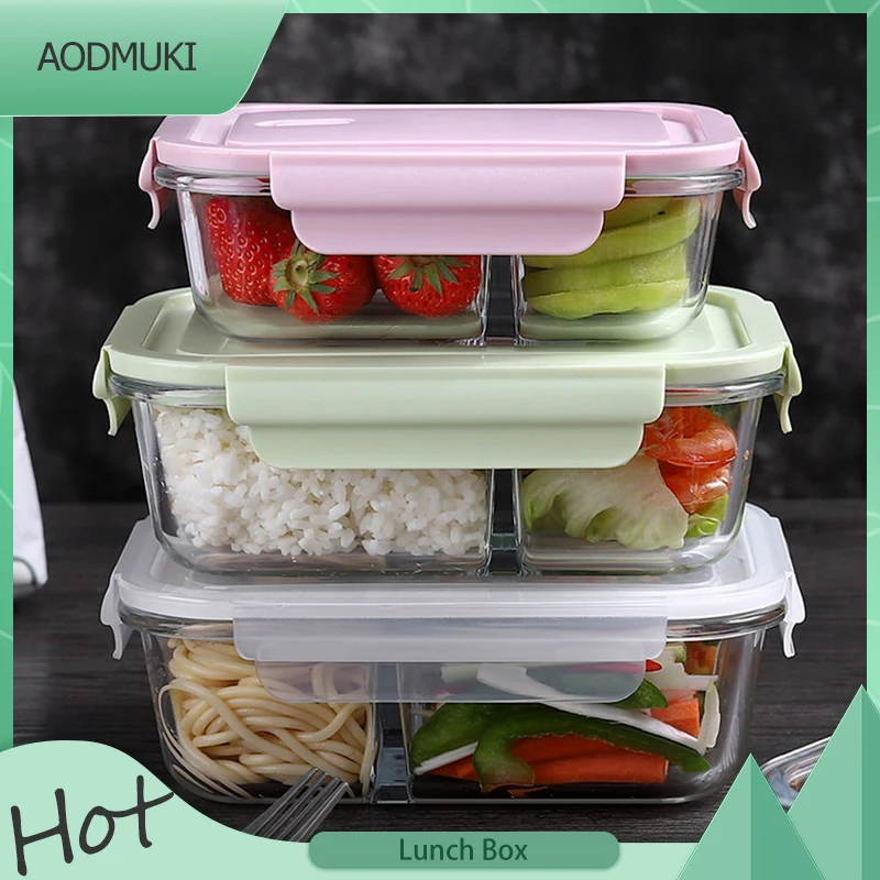 

Portable Transparent Glass Fresh-Keeping Lunch Box Microwave Heating Picnic Food Container Multiple-Grids Leakproof Bento Box