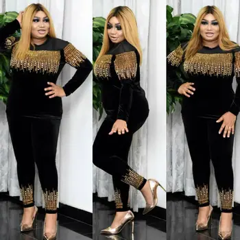 Afrikanische Kleidung für Frauen Frühling und Herbst 2021 Afrikanische Frauen Langarm Schwarz Zwei Stücke Sets Top und Hose Afrikanischen kleidung