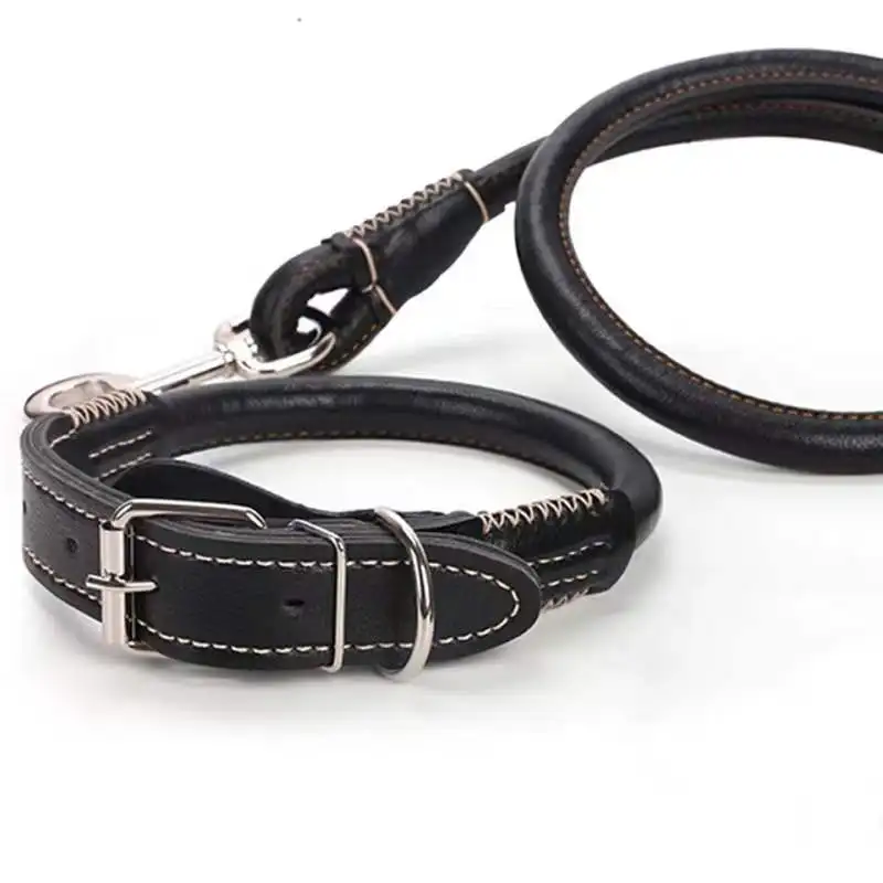 Black Pet Dog Collar Leash For Small Large Dogs Leather Round Rope Traction Belt Golden Retriever Pitbull Leads Accessories