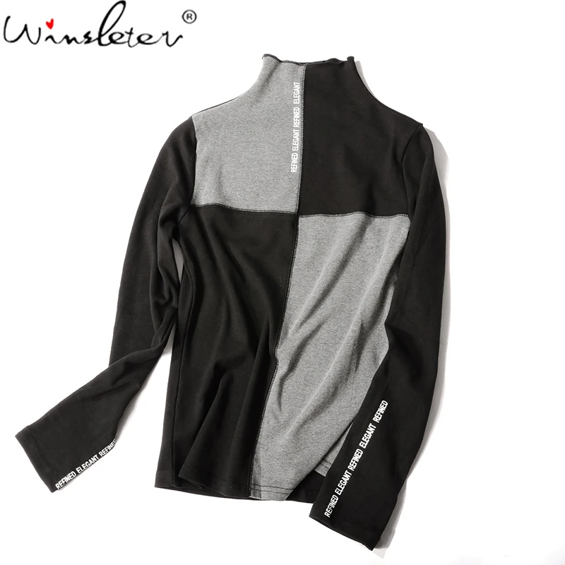 New 2022 Women Spring Fall Slim T-Shirt Patchwork Bottoming Long Sleeve Casual Korean Minimalist Triko Tops Tees Sanded T07833B