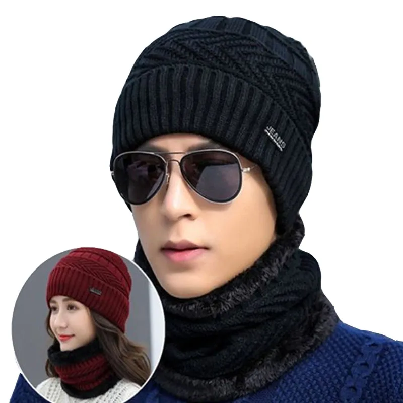 

Men Winter Beanie Hat Casual Warm Snood Set Thick Soft Lined With Custom Leather Patch Knit Infinity Neck Fur Collar Scarf