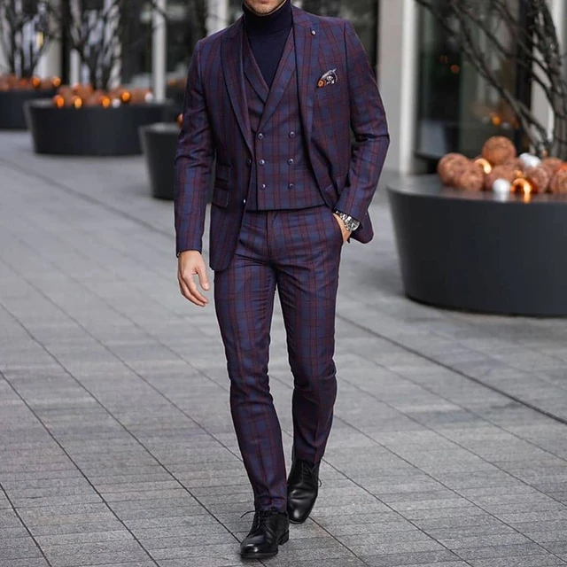 3 Pieces Purple Men Suits Fashion Check Pattern Casual Style Customized Handsome Slim Fit Party Suits Coat Pant Vest AliExpress