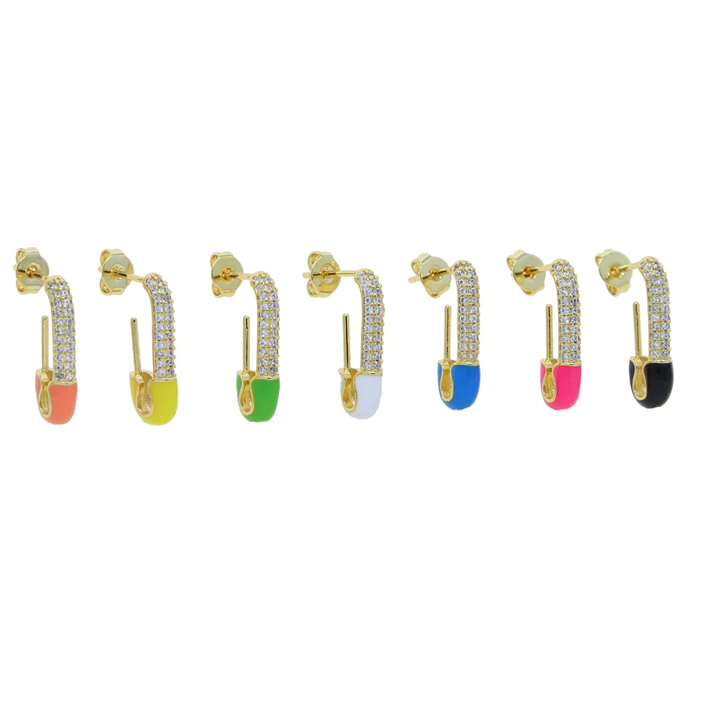 Fluorescent Neon Enamel Safety Pin Stud Earring Gold Color Micro Pave Clear CZ Rainbow European Black Lady Hot Selling Jewelry