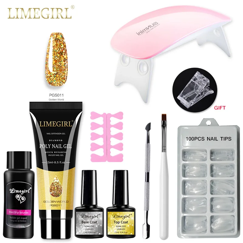 Limegirl Poly Nagel Gel Kit Nail Set Für Maniküre Mit UV LED Lampe Mit Basis Top Mantel 100 stücke Nagel tipps Gehärtet Gel Lack Nagel Kunst