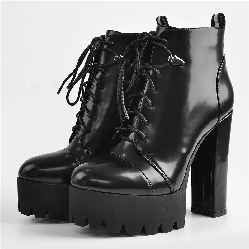 Onlymaker Platform Lace Up Round Toe Black  Patent Leather Chunky  High Heels Ankle Booties Big Size Lady Short Boots