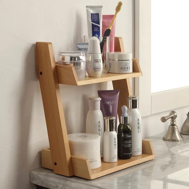 

Makeup Organizer Wood Organizer 2-Tier Vanity Tray Standing Shelf Desktop Storage Rack for Vanity Counter Kitchen Tabletop