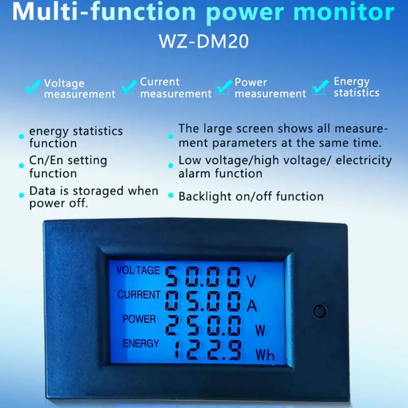 DC 7.5-100V 20A 2000W di Potenza Contatore di Energia Wattmetro Elettrica Pannello del Contatore del Monitor Display Digitale Volt kwh watt Amp