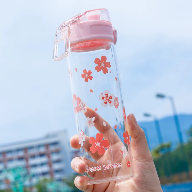 380ML Sakura Glass Water Bottle Portable Leak Proof Transparent Drinking Bottle For Girl Travel Sports Bouncing Cup Lid Bottles