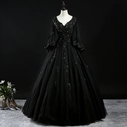 2023 New Arrival Black Quinceanera Dresses Full Sleeve V-neck Beading Plus Size Ball Gown Prom Party Dresses Vestido 15 Anos