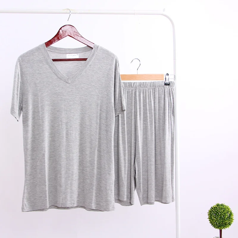 Summer Modal Pajama Sets Thin Short Sleeve T-shirt Shorts Sleepwear Mens Casual Set 2 Piece V-Neck Solid Color Home Clothing