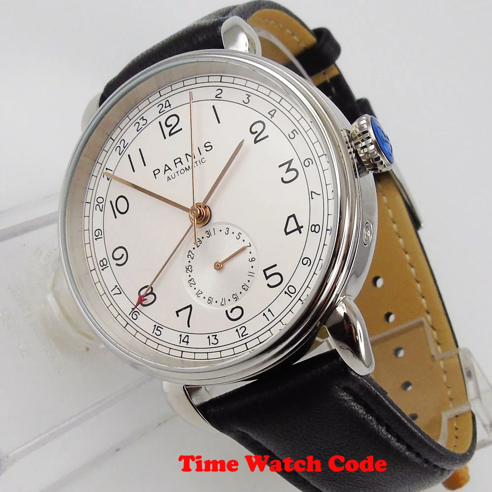 42mm PARNIS White dial black leather strap Date 24 hours ST movement GMT Automatic Men\'s Wristwatch