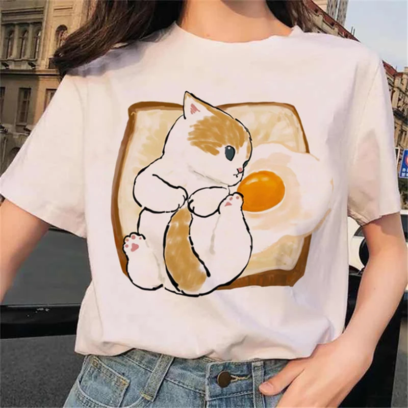 Lovely Summer Kawaii Cat Graphic print ladies T-shirt casual basis O-collar white shirt short sleeve ladies T-shirt,Drop Ship