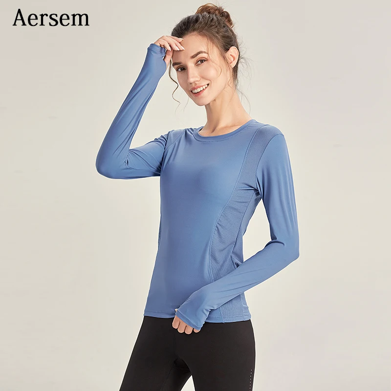 

Aersem Fitness Yoga Shirt Long Sleeve Sport Crop Tops Women Yoga Shirts Jogger Workout Tops Ladies Athletic Sport Shirts Black