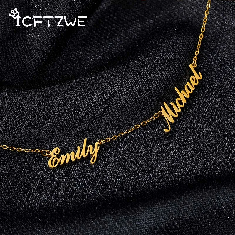 Personalized Custom Double Names Necklace Customized Stainless Steel Necklaces Handwriting Nameplate Couple Jewelry Gift BFF