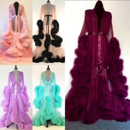 Fashion Gown Mesh Fur Sleep Wear Night Dress Nightgrown Robes Sexy Women Lingerie Sleepwear Lace Robe Home Clothes Nightwear