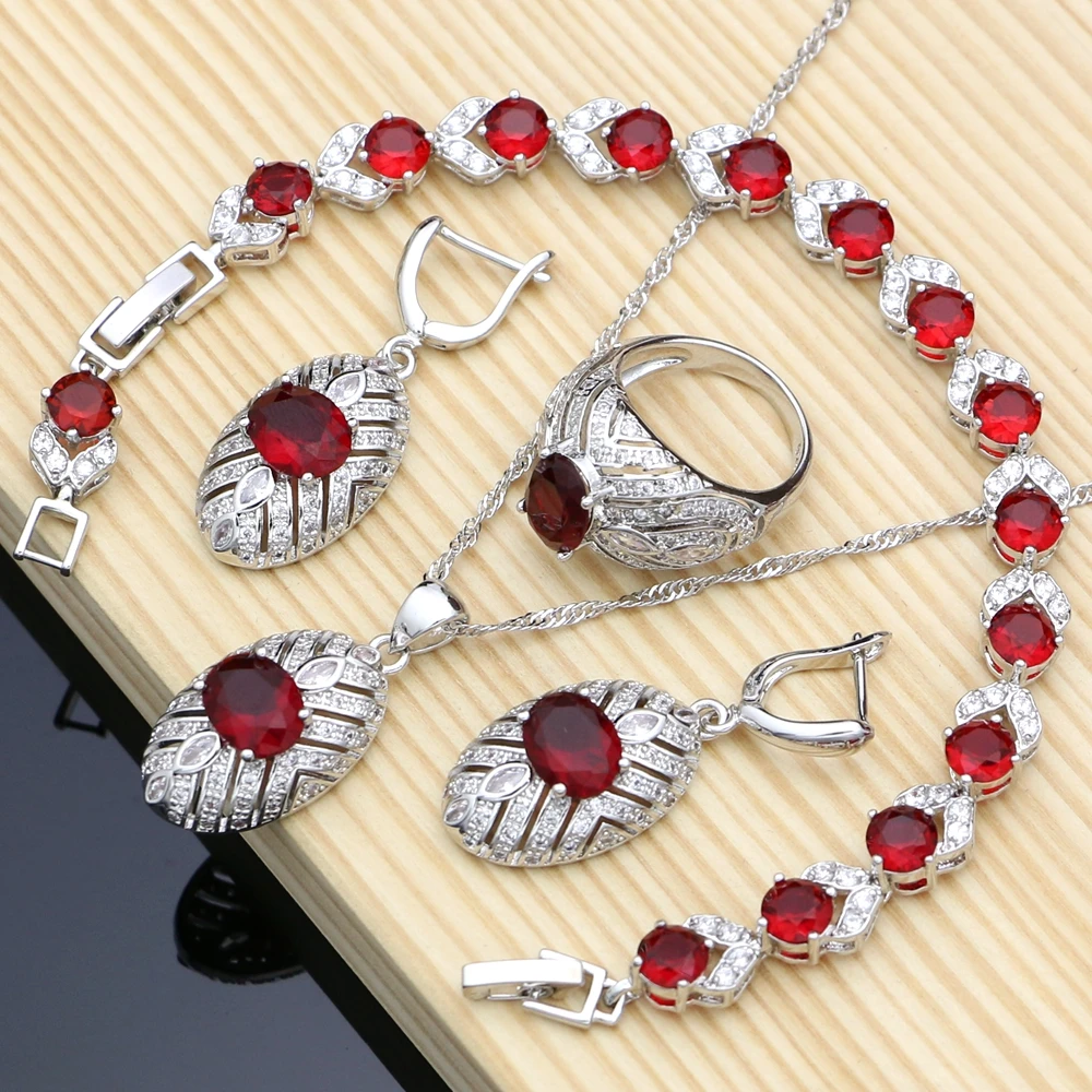 Red Ruby Birstone Jewelry Sets Silver 925 Bridal Jewelry Gifts For Women Earrings/Pendant/Rings/Bracelet/Necklace Set