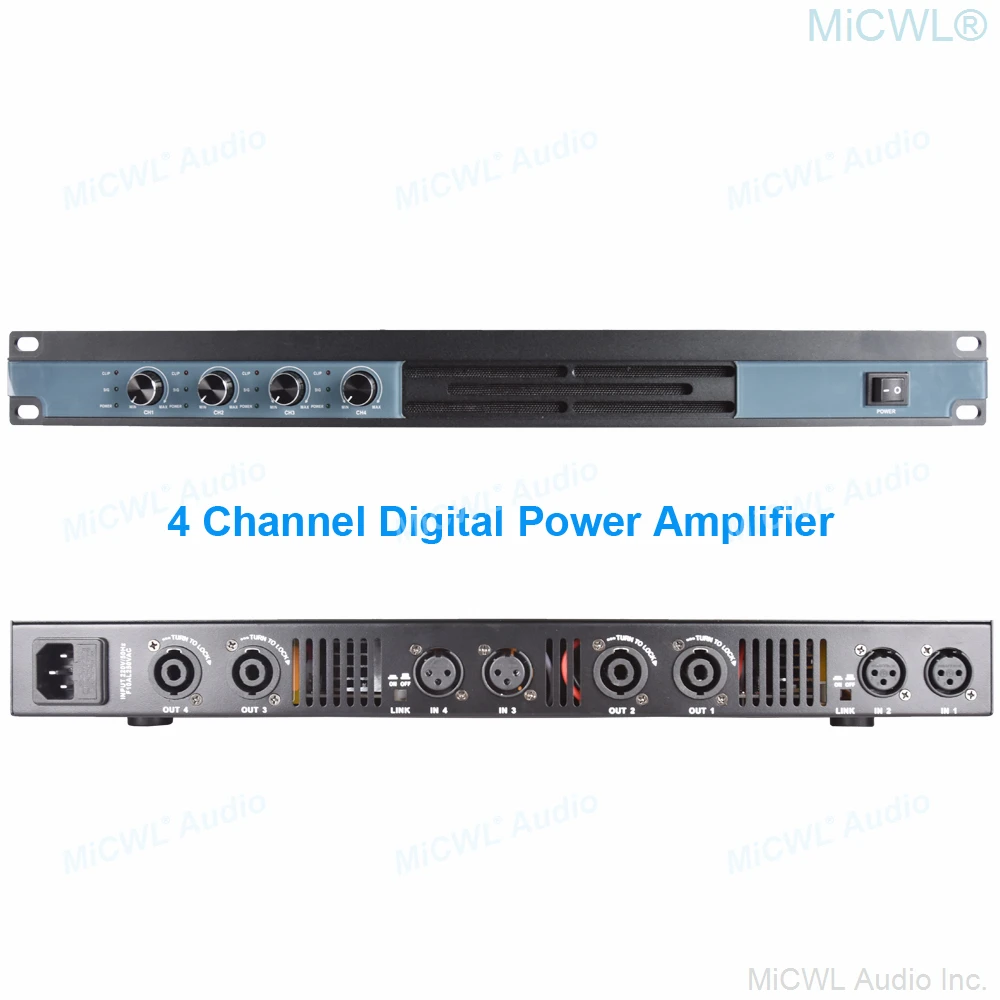 

MiCWL 4 Channel Digital 2600W Power Amplifier 8Ω 2600 Watt Audio Sound Microphones XLR Power Preamps AMP Volume Switch