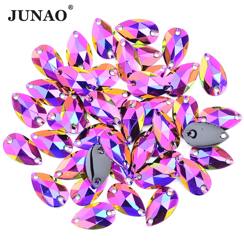 JUNAO 17*28mm Sewing Large Purple AB Teardrop Rhinestone Flat Back Crystal Stones Applique Sew On Strass Diamond for Dress